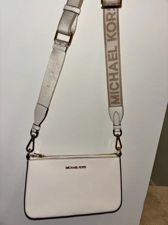 Michael Kors White Leather Crossbody with Branded Canvas Strap - Picture 2 of 4